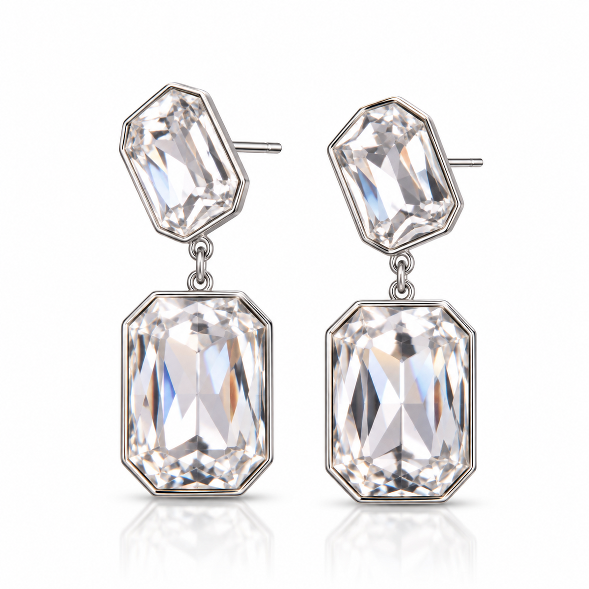 Ατσάλινα Σκουλαρίκια Double Crystal – Ασημί